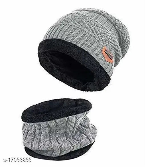 Grey woolen cap set with face cover and neck muffler for men and women, free size - Indian handcrafted winter essentials