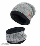 Grey woolen cap set with face cover and neck muffler for men and women, free size - Indian handcrafted winter essentials