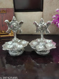 Tirupati Balaji silver Panch Mukhi diya set, 2 pieces for table use with shanku stand, Indian god idol decoration