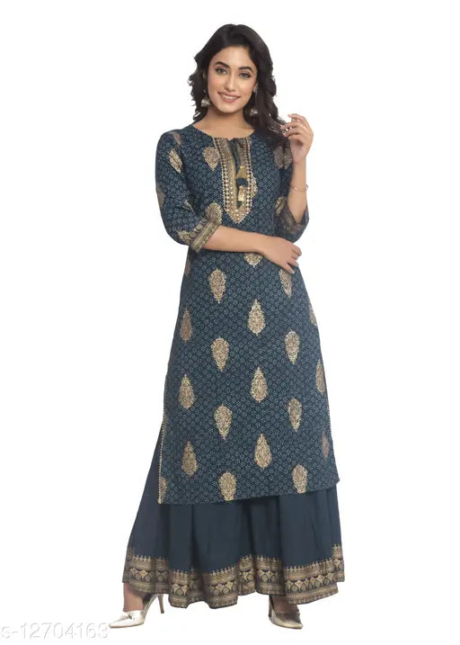Rayon slub printed festive wear kurta set with sharara palazzos, three-quarter sleeves - Women's Indian fashion