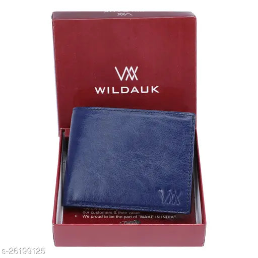Blue artificial leather Walauk men's wallet with 3 card slots, solid design, and multiple pockets. Made of PU material, free size (L: 11cm, W: 2cm), originating from India
