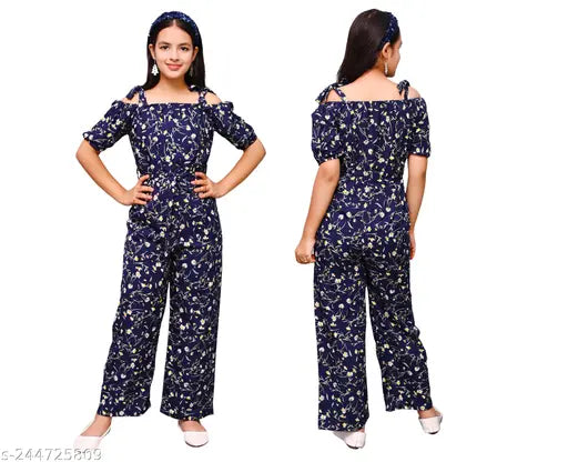 Navy printed cotton blend girls' dress with off-shoulder jumpsuit or fit and flare gown options, available in sizes 8-9 years, 9-10 years, 10-11 years, 11-12 years, and 12-13 years. Stylish, funky, and agile for the fashionable girl