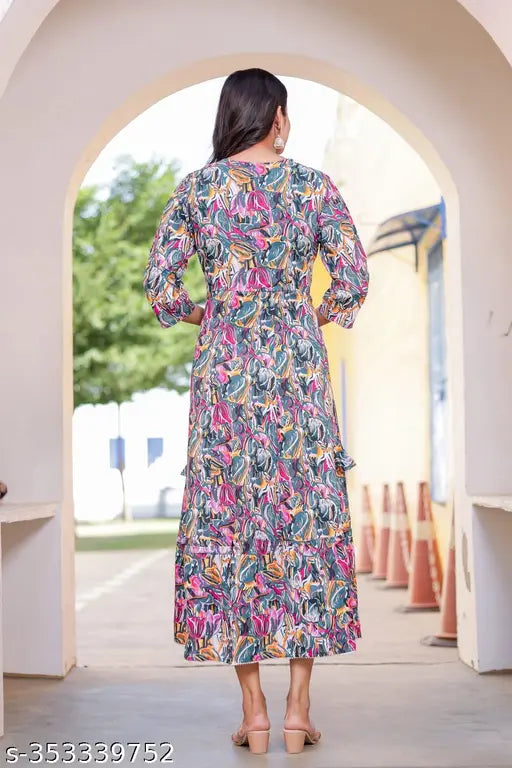 Floral print Rayon Anarkali kurti, hand-screened fabric, three-quarter sleeves, printed combo, Indian wedding attire