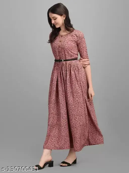 Long, pink, flared kurta with belt at waist