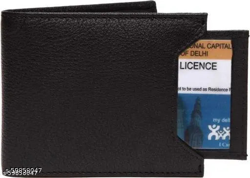 Black genuine leather men's wallet, regular size with 7 card slots & two compartments for cash. High-quality bifold design with neat and useful pockets