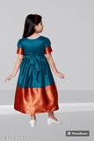 Silk blue and red South Indian frock for girls, with sleeves and a V-neckline