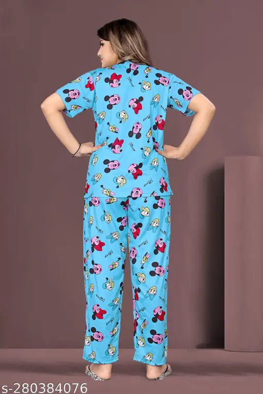 Printed polycotton pyjama set for women, two-piece sleepwear including short-sleeved t-shirt and pants, available in sizes S, M, L, XL, XXL. Night Suit from SK TRADING_SRT, Indian nightwear brand