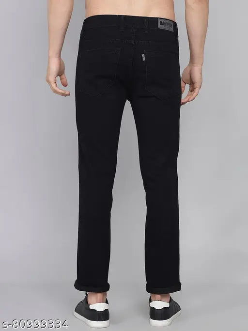 Black denim men's jeans with side stripes by DAKWINS, stretchable and comfortable for casual or special occasions, size 28 waist x 40 length