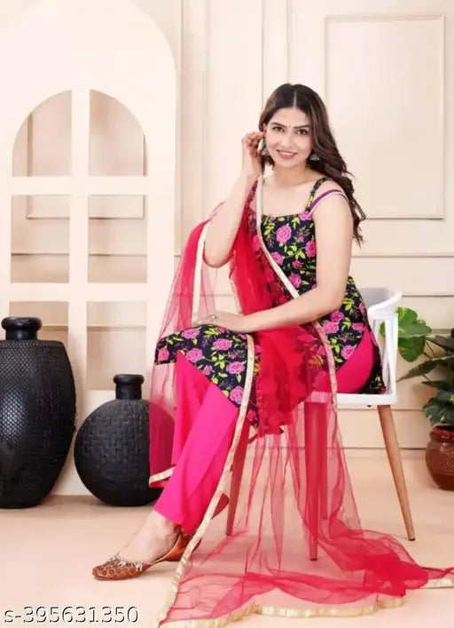 Black cotton dupatta set with zipper closure