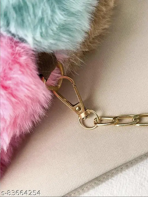 Trendy faux fur sling bag, pink interior