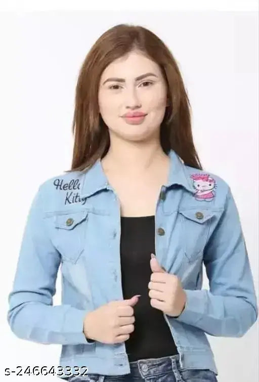 Light blue denim Hello Kitty jacket with long sleeves and printed pattern