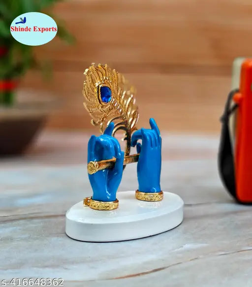 Blue Krishna Hand with Flute Figurine, high-quality decor for car dash or home