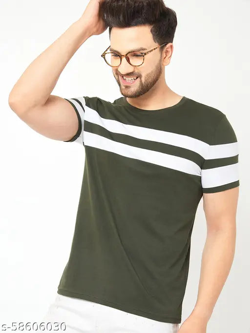 Green cotton blend round stripe t-shirt for men, AUSK color block design, short sleeves