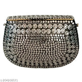 Black, silver bead embellished, rectangular crossbody sling bag, 150ml