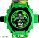 Rubber wristwatch with digital display and projector function, designed for children with a sports theme, green color