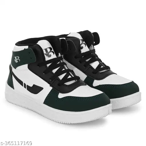 Black and white high top sneakers with a black strap, lace up front
