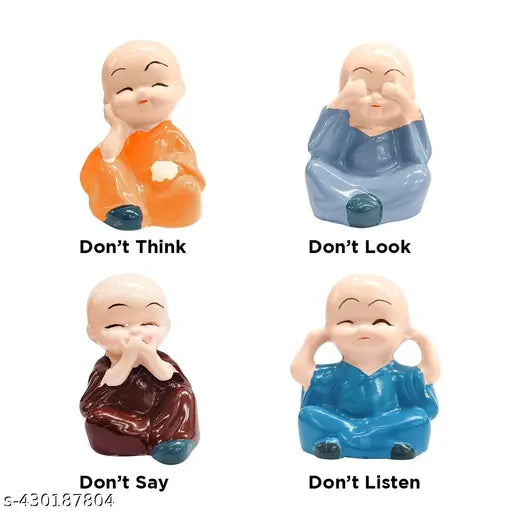 Multicolor resin Laughing Buddha Monk doll set for home, office, or car decoration. Joyful figurines symbolizing prosperity and good fortune