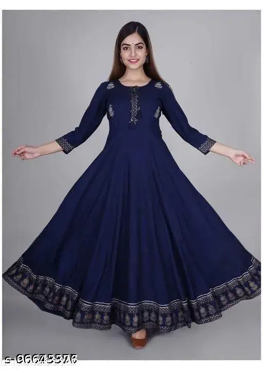 Royal blue rayon gown, solid design, three-quarter sleeves, Indian fashion
