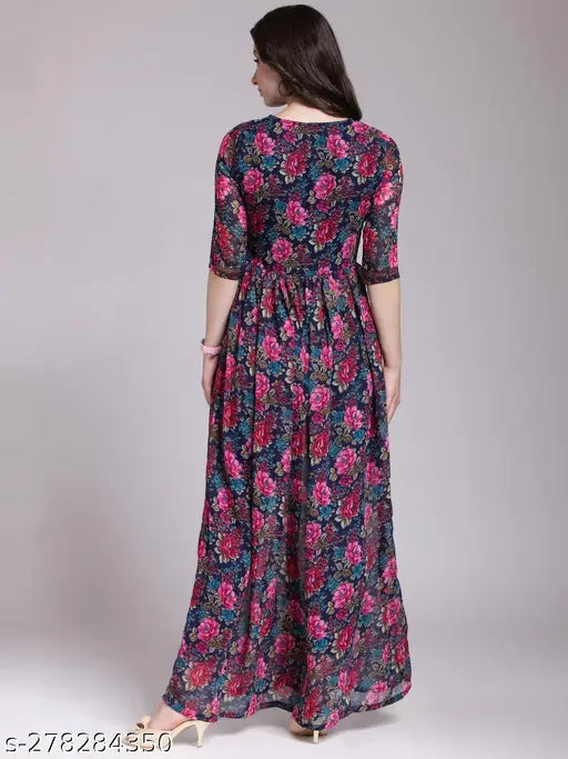 Floral print, long sleeves, floor length, midi dress