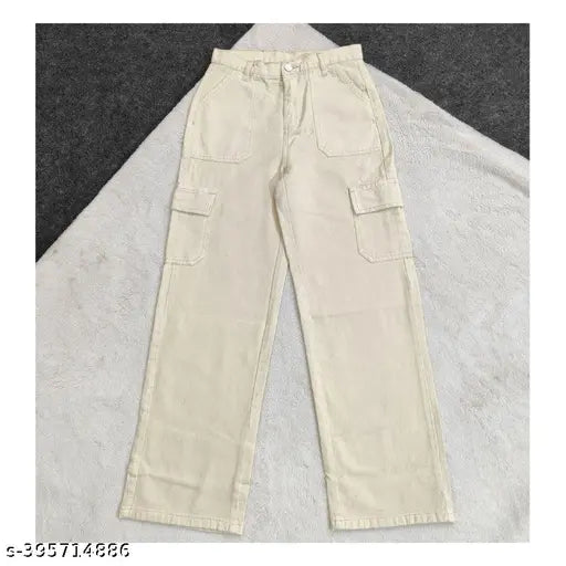 Men's cream-colored solid cargo jeans with relaxed fit, denim material, and multiple sizes available including 24", 26", 28", 30", 32" (waist size varies with each). Made in India