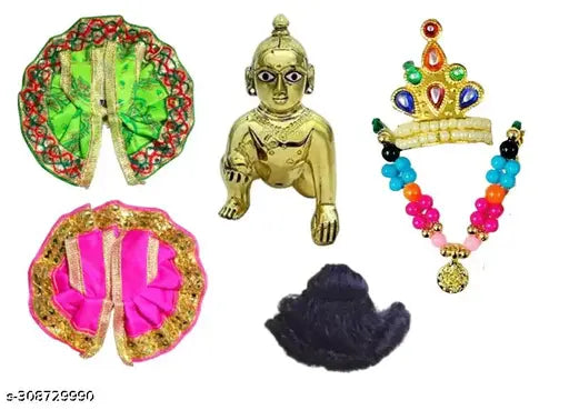 Brass Krishna idol, Thakur ji 1NO Size Laddu Gopal with Posak Dress and Mukutmala, traditional Indian deity figurine, 6cmx6cmx10cm