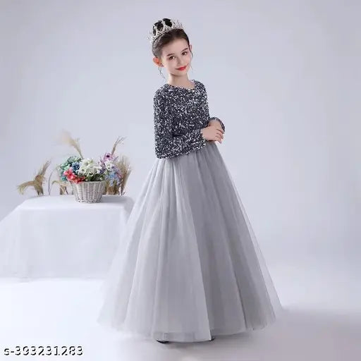 Designer net kids gown, three-quarter sleeve holiday party outfit for toddlers to teens, India origin