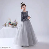 Designer net kids gown, three-quarter sleeve holiday party outfit for toddlers to teens, India origin