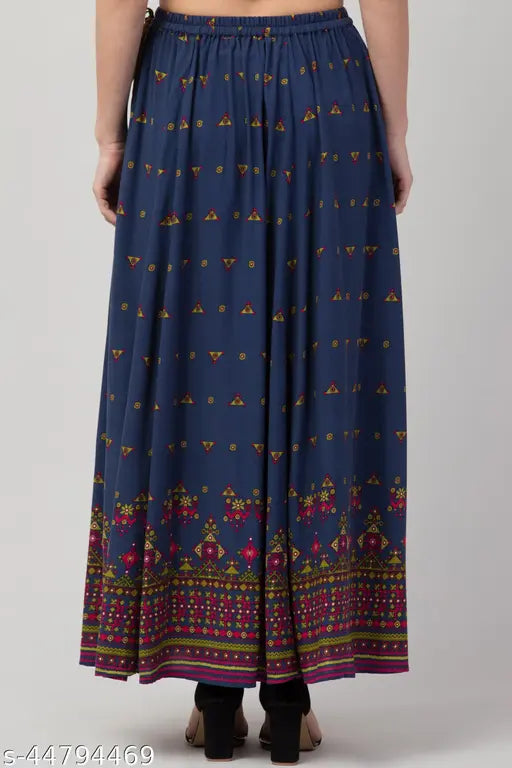 Stylish latest rayon printed net women's western A-line skirt with elastic waistband and tie knot, perfect for casual and evening wear - size 26