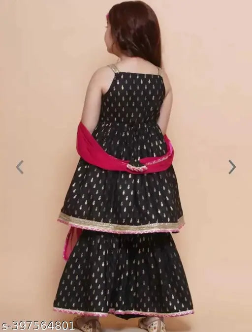 Black rayon anarkali sharara, sleeveless party wear for kids (5-6 yrs to 11-12 yrs), Indian festive outfit with dupatta