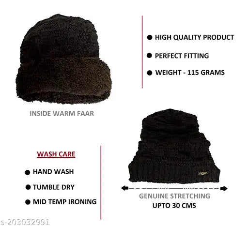 Black woolen beanie cap with checked pattern, soft fur lining, great for winter warmth and outdoor activities