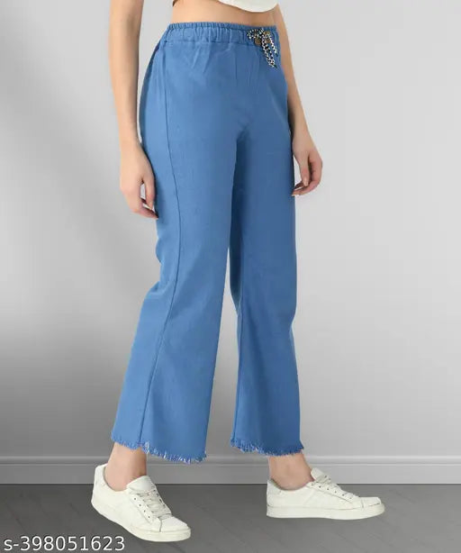 Dark blue stretchable denim bell bottom pants, mid waist, baggy fit, elastic waistband, ankle cuffs, designed for girls and women, in plus sizes 3xl, 4xl