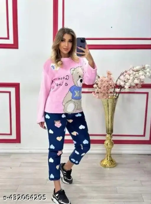 Women's woolen nightsuit set, featuring soft, breathable fabric with beautiful printed net pattern. Ideal for comfortable lounging at home, made in India