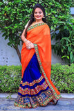 Orange and blue patterned saree with blouse, embroidered work party wear