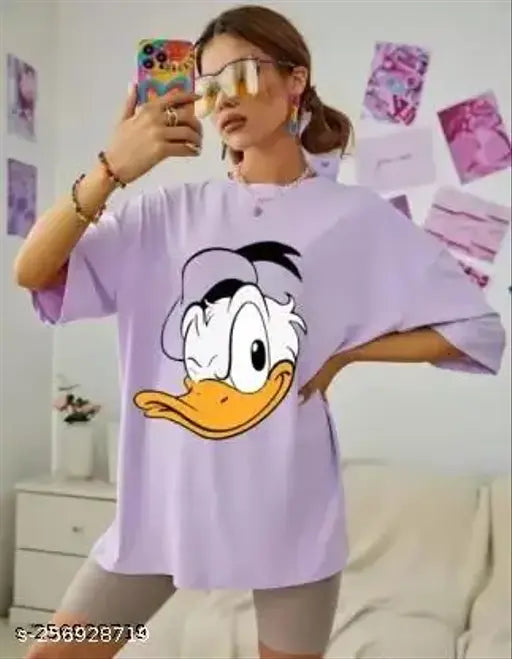 Donald Duck Funky Look Oversize Half Sleeve Down Shoulder T-Shirt for Girls and Women (Purple Color)