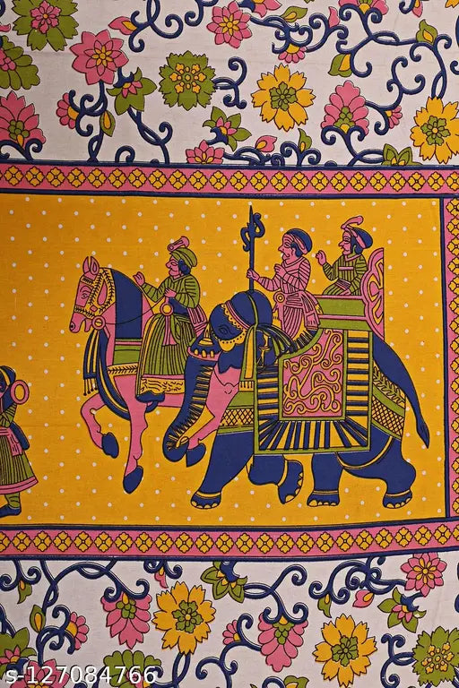 Yellow 100% cotton Jaipuri single bedsheet with pillow cover, featuring floral design on bed display