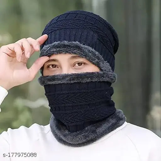 Woolen winter unisex bannie knit skull cap & neck warmer, both lined with thick fleece. Criss-cross basket weave design for warm and cozy comfort in cold weather, suitable for various outdoor activities. Made in India