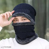 Woolen winter unisex bannie knit skull cap & neck warmer, both lined with thick fleece. Criss-cross basket weave design for warm and cozy comfort in cold weather, suitable for various outdoor activities. Made in India