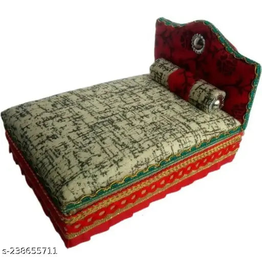 Red and white green wooden pooja chowki with Laddu Gopal Thakur Ji Kanha Ji box bed, Indian handcrafted