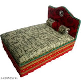 Red and white green wooden pooja chowki with Laddu Gopal Thakur Ji Kanha Ji box bed, Indian handcrafted