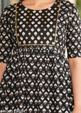 Gold layered maroon tiered rayon kurti, three-quarter sleeves, printed design