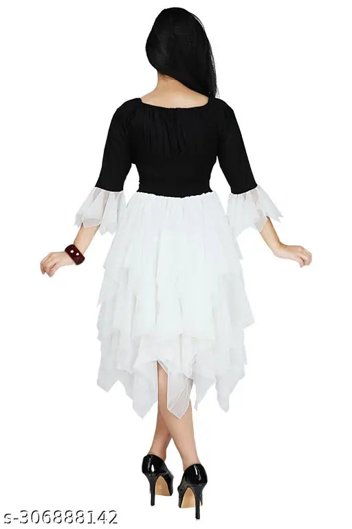 Black & white rayon below knee length festive wedding dress with 3/4 sleeves