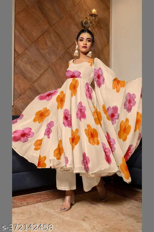 Pink, orange, yellow floral georgette kurta pant set with dupatta for size small to extra large
