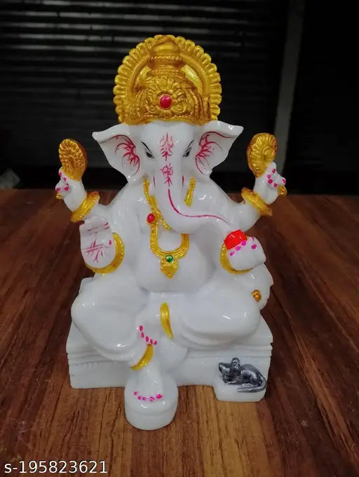 White marble Ganesha idol, intricately detailed decorative statue for Pooja Room, 7 inch height