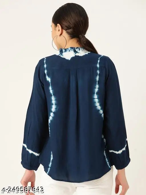 Blue viscose rayon frill neck loose fit shirt, three-quarter sleeves, dyed/washed tie-dye pattern for versatile styling options. Sizes: S (36 in bust), M (38 in bust), L (40 in bust), XL (42 in bust), XXL (44 in bust). Made in India