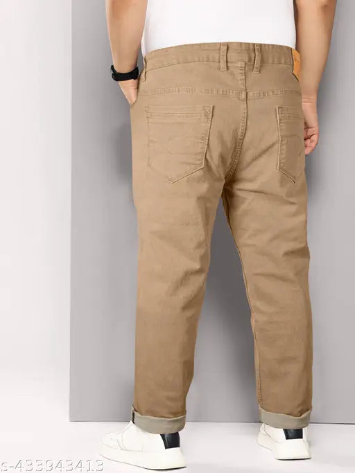 Rigbone men's relaxed brown denim jeans, stylish plus size and stretchable for casual, party, or office wear. Mid-rise, regular length, zip fly closure. Available in sizes 40 (waist 41in, length 42in, hip 46in), 42 (waist 43in, length 42in, hip 48in), 44 (waist 45in, length 42in, hip 50in), 46 (waist 47in, length 42in, hip 52in), and 48 (waist 49in, length 42in, hip 54in). Made in India
