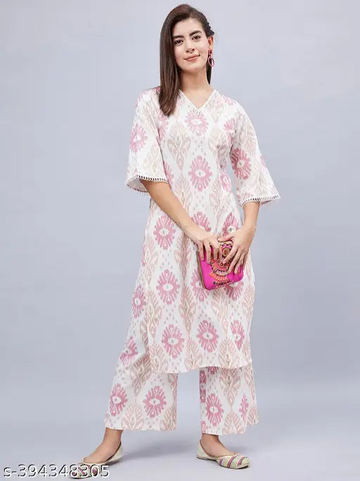 WineRed Woman White Geometric Print Neck Lace Detailing Kurta Set - Indian cotton kurta and palazzos set, featuring three-quarter sleeves and off-white geometric print. Perfect for parties or get-togethers
