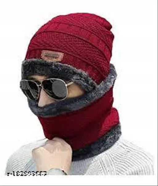 Wool winter beanie hat & scarf set, fur-lined Thandi ka Topa for man and woman