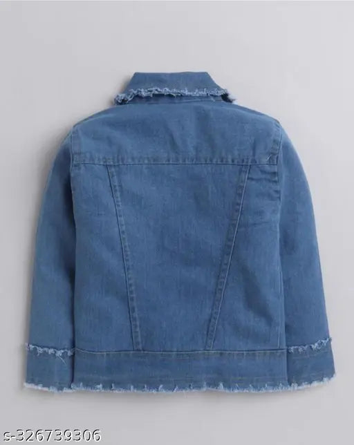 Light blue distressed denim jacket with frayed hems and light wash details, designed for kids