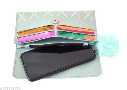 A sling clutch purse with a mirror finish and a card slot
