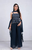 Black crop top with peplum and embroidery, long sleeves, embroidered details on shoulders and waist, paired with matching palazzo pants featuring latkan detailing